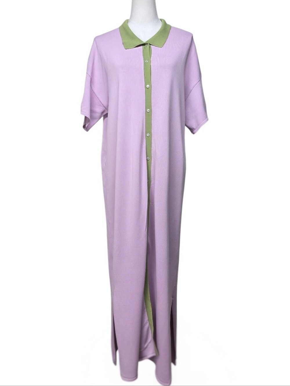 Callahan Meri Lilac Knit Button-Front Shirt Dress with Green Trim Size Medium